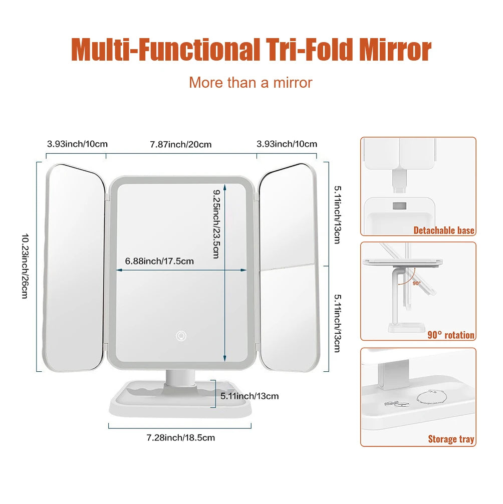 Trifold Makeup Mirror LED Lights Dorm Dressing Mirror Beauty Light up Your Fill Light with Smart Complementary Makeup Mirror Tri