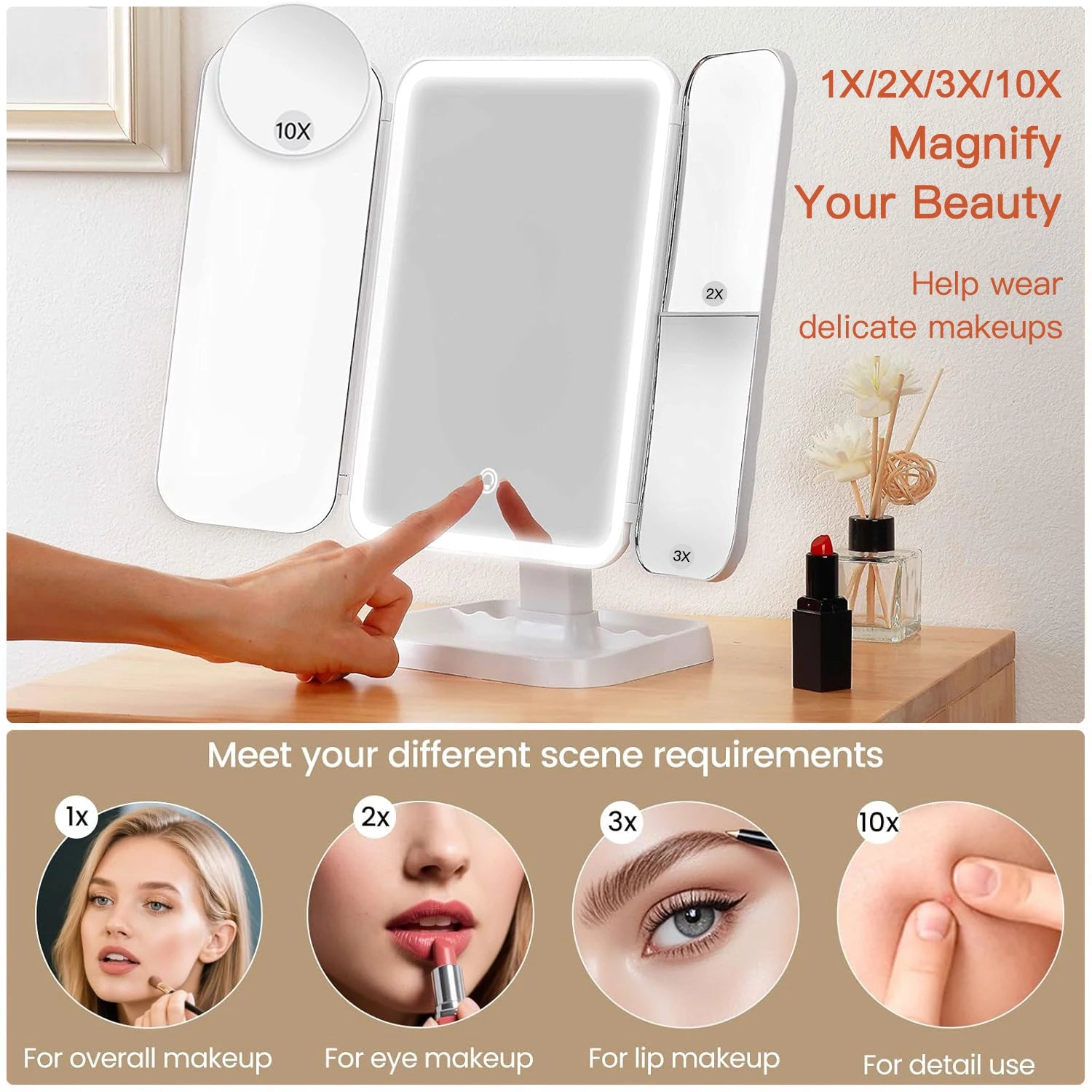 Trifold Makeup Mirror LED Lights Dorm Dressing Mirror Beauty Light up Your Fill Light with Smart Complementary Makeup Mirror Tri