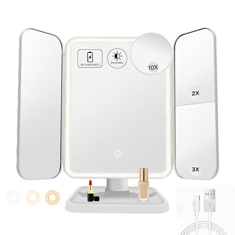 Trifold Makeup Mirror LED Lights Dorm Dressing Mirror Beauty Light up Your Fill Light with Smart Complementary Makeup Mirror Tri